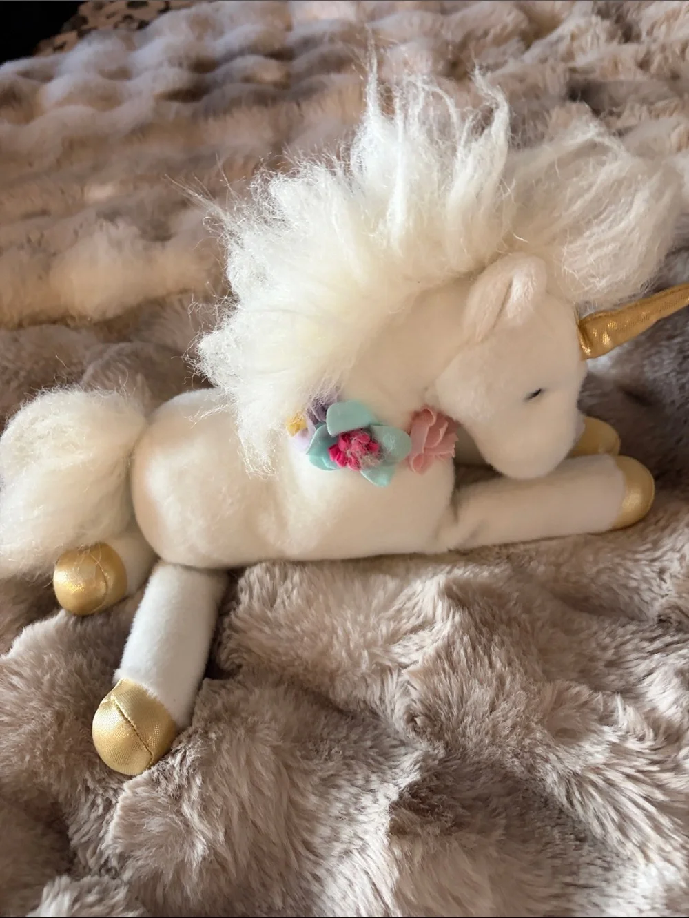 White Plush Unicorn with Flower Necklace with Gold Horn & Hooves